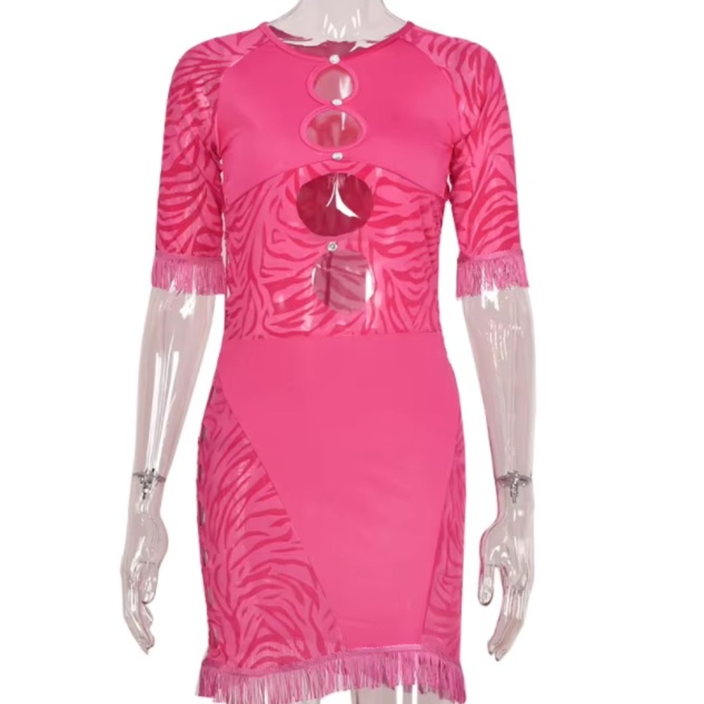Pink mesh cut-out tassle dress
